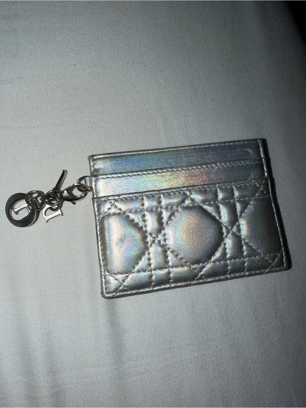 Dior Iridescent Silver Quilted Card Holder with Keyring Charm